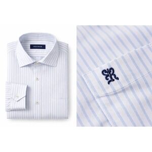 Rochas Paris Men Dress Shirt 2XL Banker Stripe Blue White Designer Office Shirt